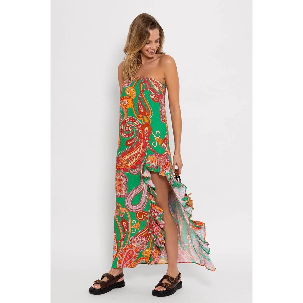 Sundress Francette Dress XS Green Orange Linen Midi Strapless Ruffle Slit